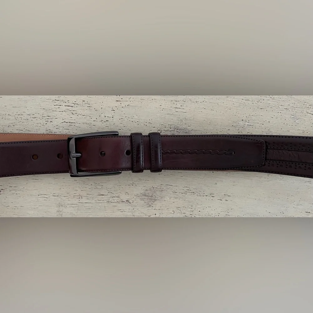 Mezlan Made in Spain Gun Metal Buckle Brogues Trim Leather Belt in Brown Size 42